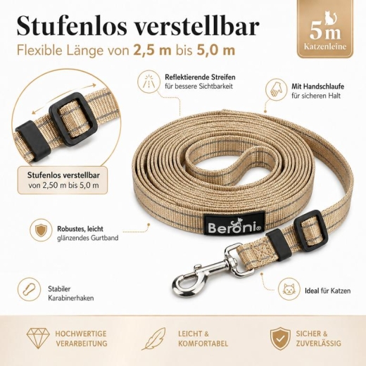 Katzenleine beige reflektierend verstellbar 2,50 - 5 Meter
