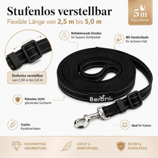 Katzenleine schwarz reflektierend verstellbar 2,50 - 5 Meter